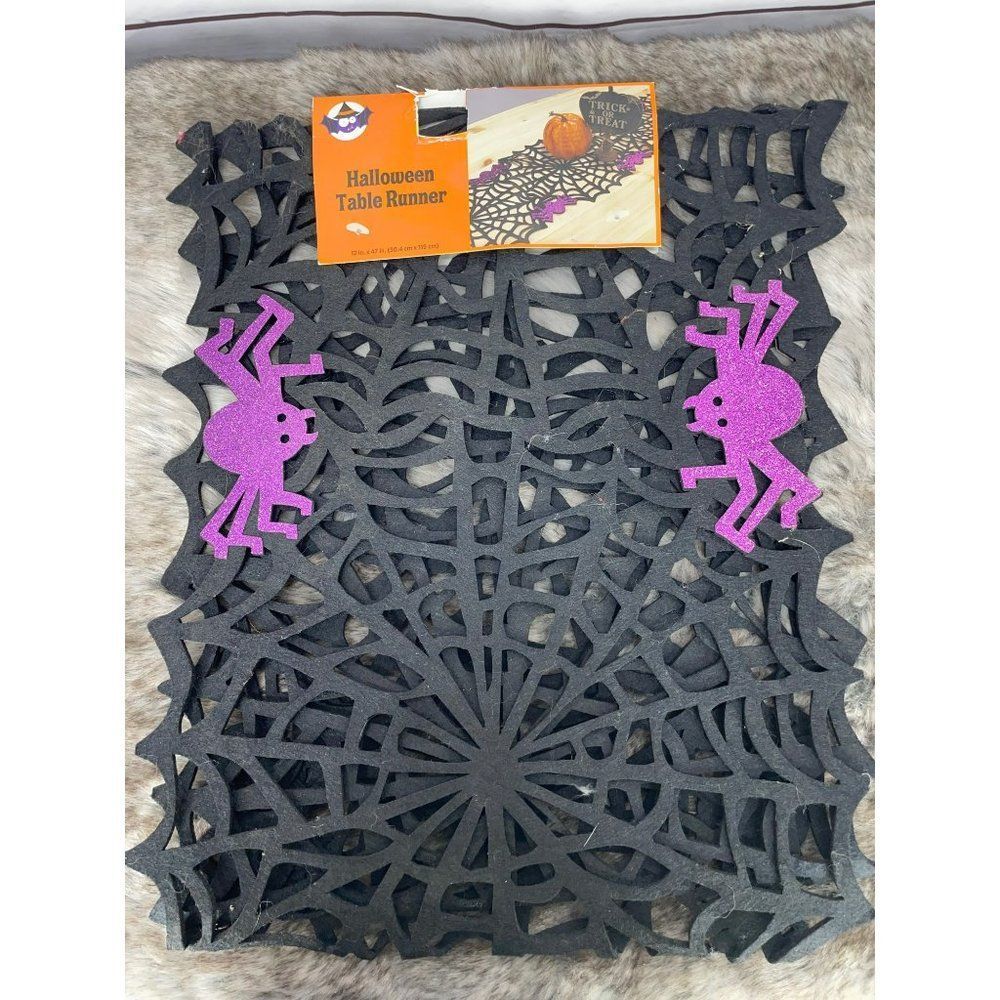halloween table runner black spider webs Creepy Crawling‎ Black Purple Felt